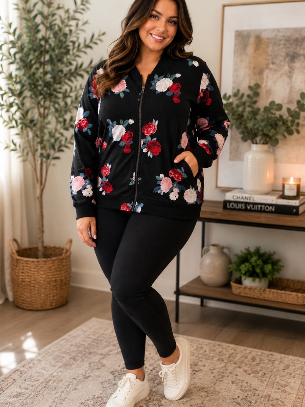 torrid Black Bomber Jacket with Pink & Red Floral Embroidery